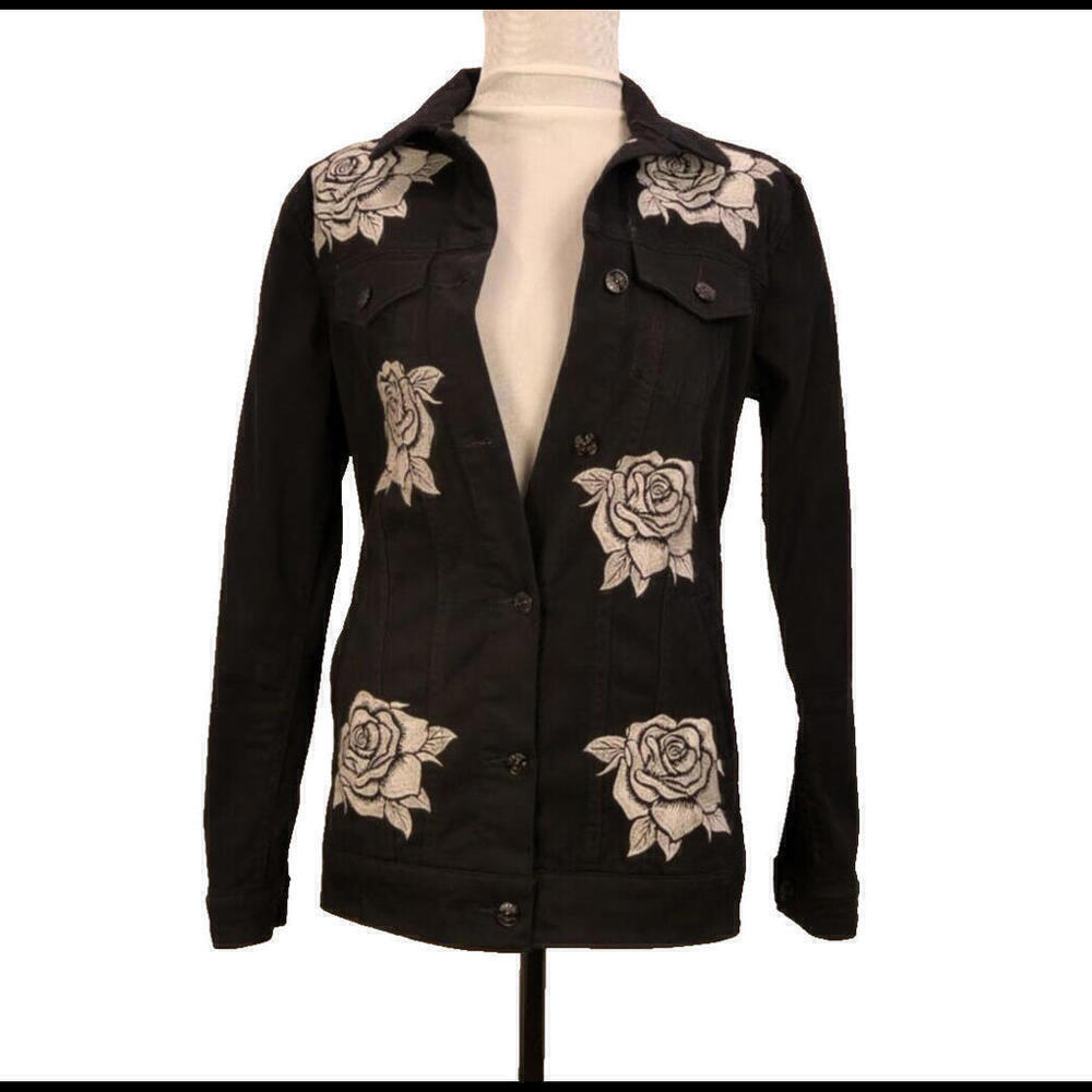 LuLaRoe Size XS Black Jaxon Jacket Embroidered White Roses - Picture 2 of 7